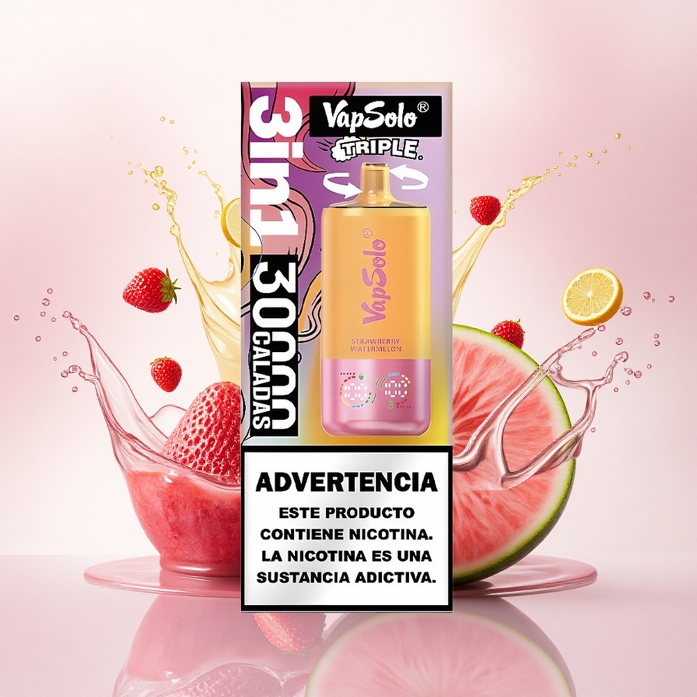 Vapsolo Triple 30000 Puffs Jordbær Vannmelon & Sitronsk Fersken med 40ml E-væske og 20 mg/ml nikotin